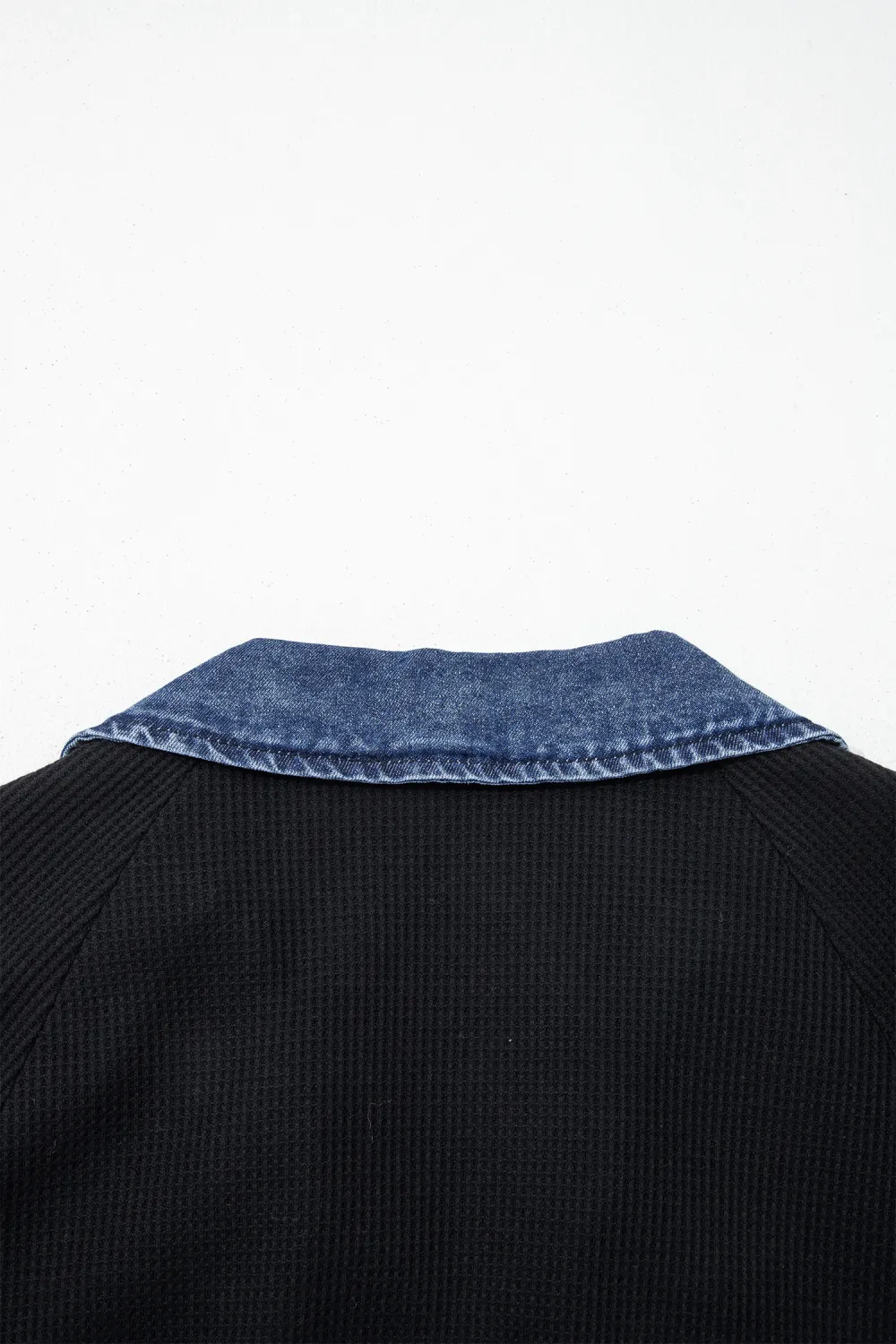 Black Waffle Knit Denim Contrast Top