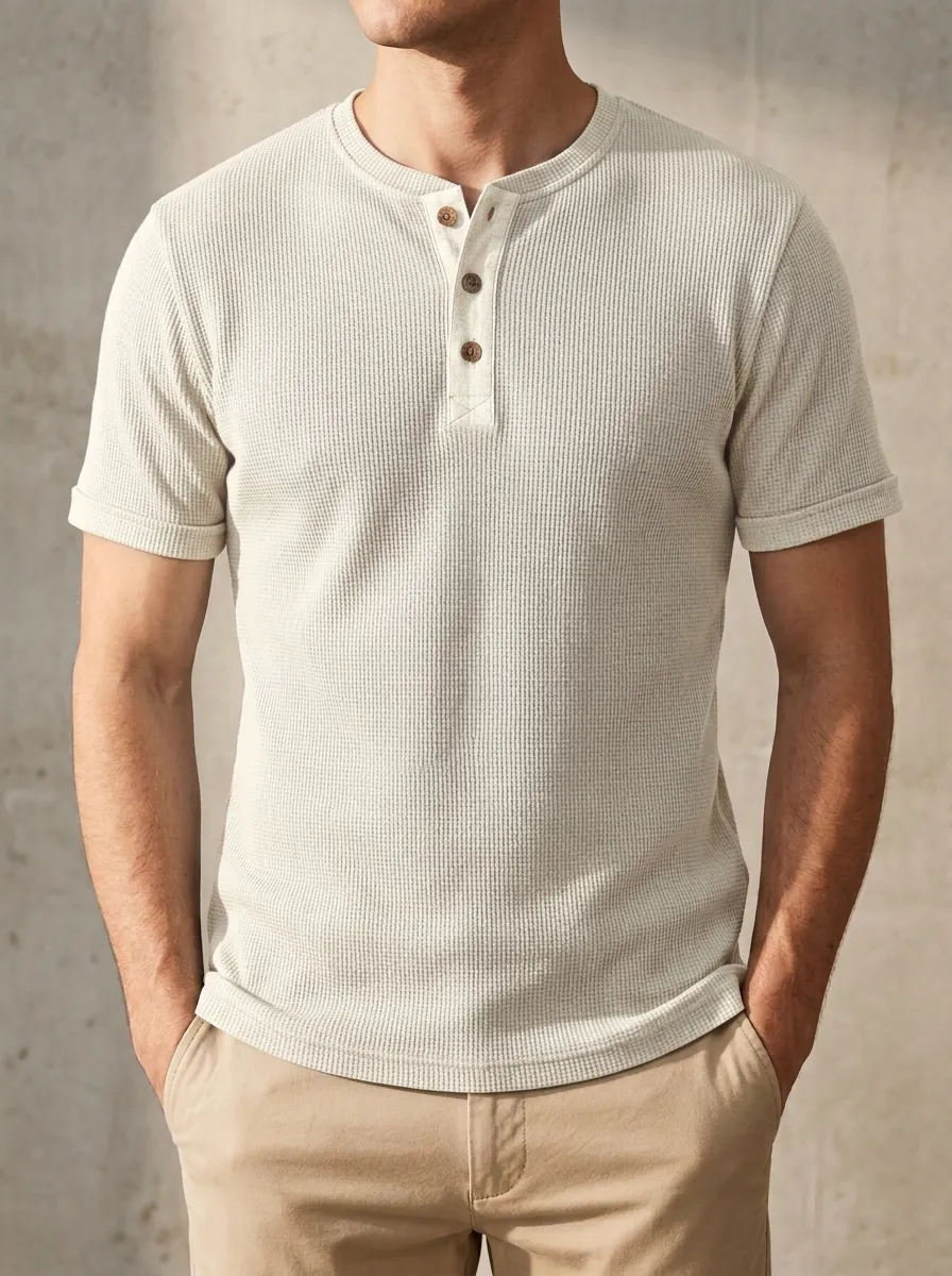 Relaxed Waffle-Knit Men's Short-Sleeve Henley Shirt