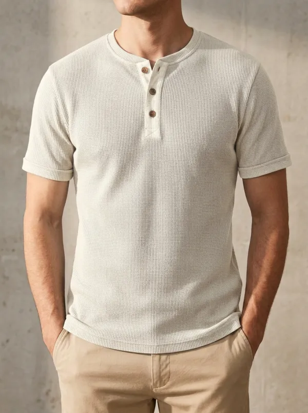 Relaxed Waffle-Knit Men's Short-Sleeve Henley Shirt