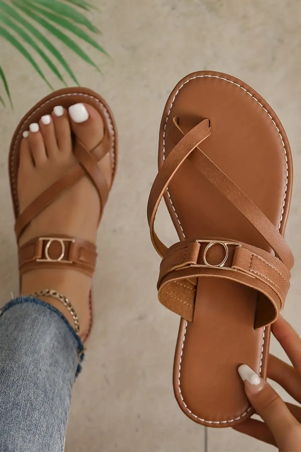 Cross toe Metal Buckle Leathered Flat Slide Slippers