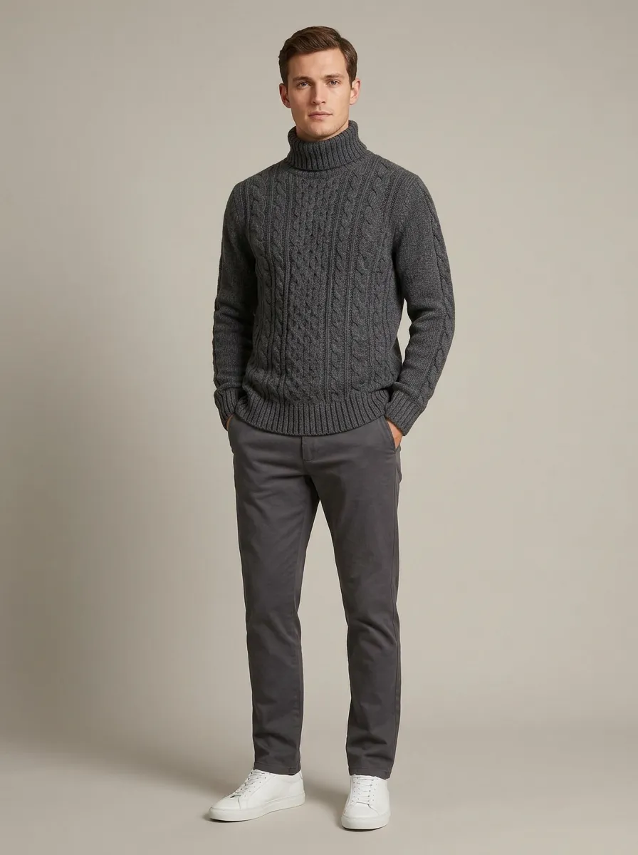 Men's Relaxed Everyday Cable Knit Turtleneck Sweater