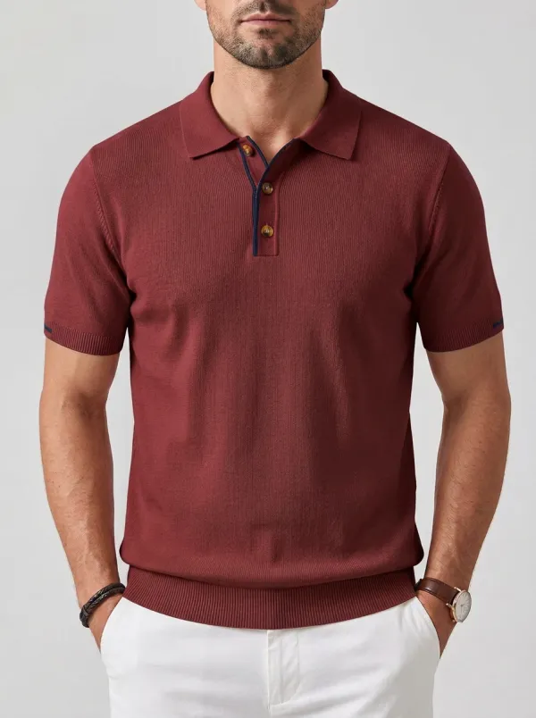 Men's Casual Minimalist Beige Ribbed Knit Polo Shirt