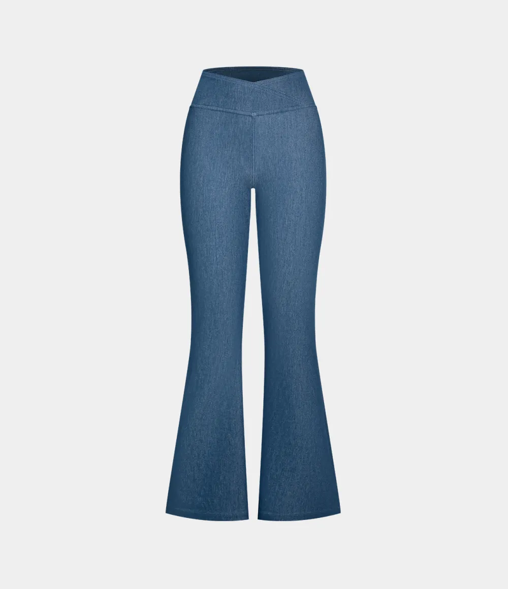 Magic High Waisted Crossover Back Pocket Stretchy Knit Casual Flare Jeans