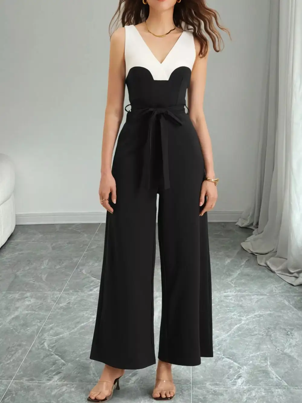 Blocked Pattern Wide Leg Jumpsuit