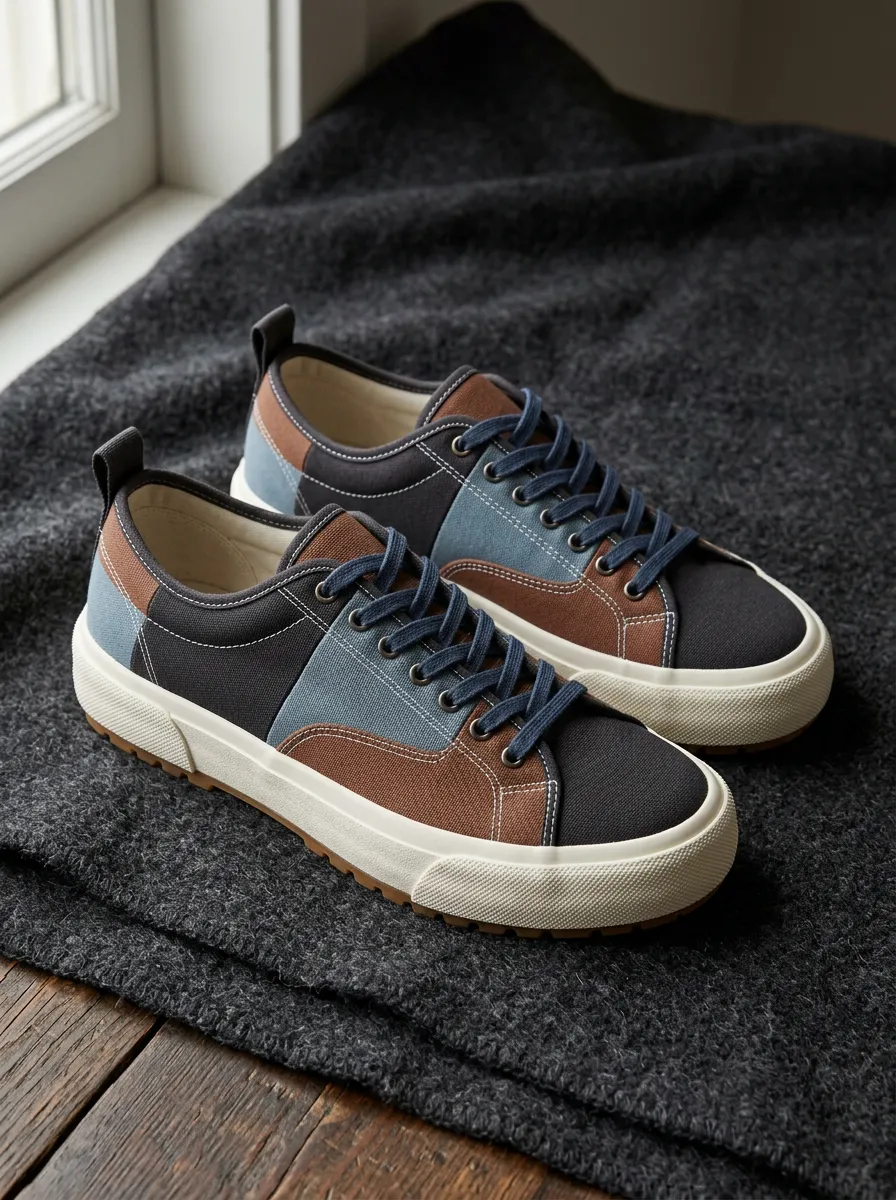 Men's Colorblock Brown Blue Patchwork Printed Canvas Shoes