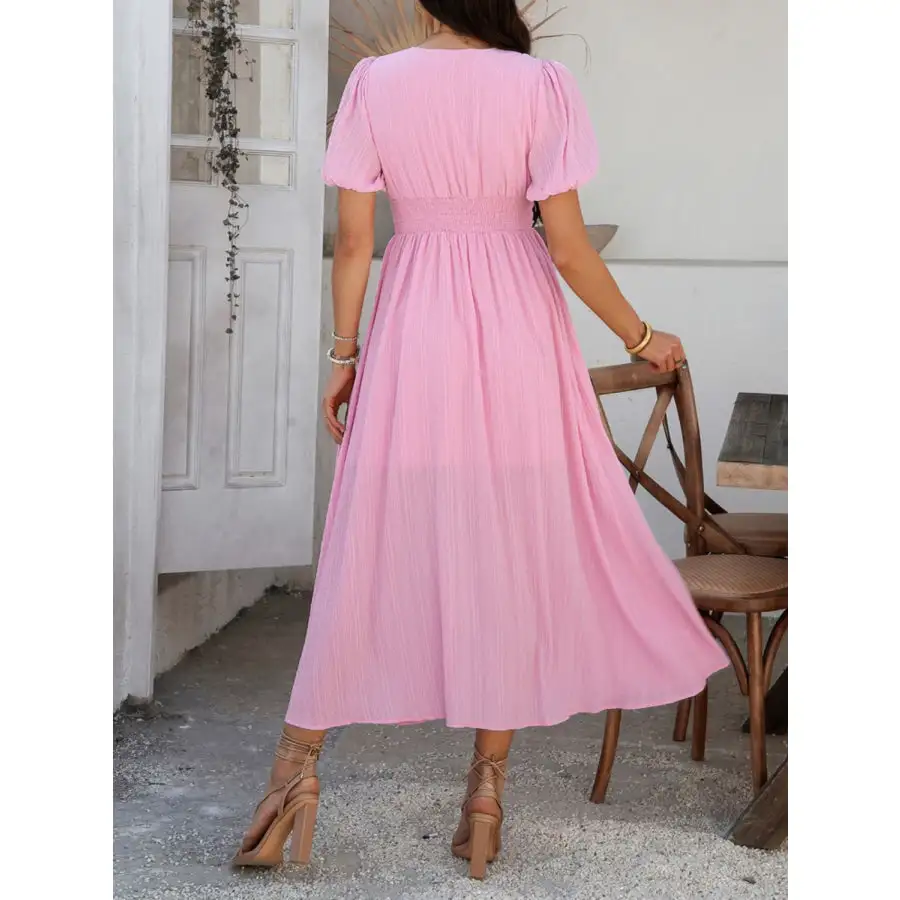 V-Neck Puff Short Sleeve Midi Dress