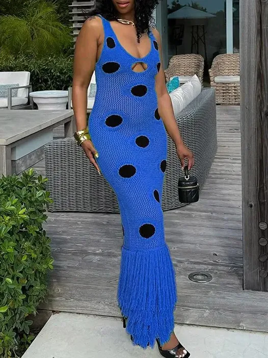 Crochet Polka Dot Tassel Maxi Dress