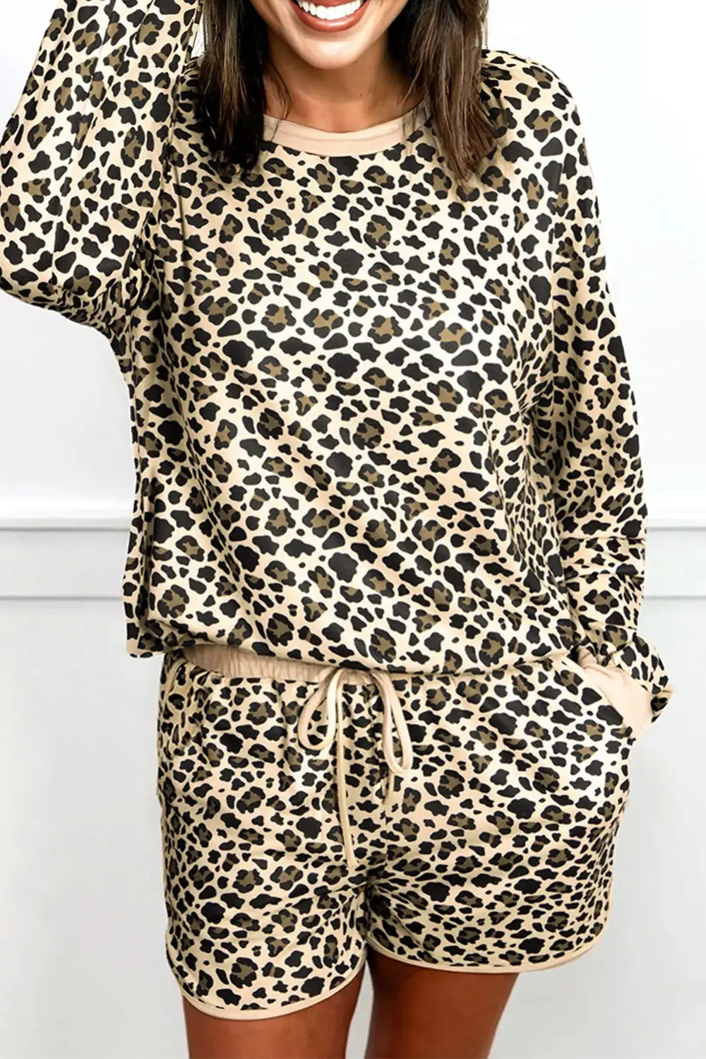 Women's Leopard Print Contrast Trim Long Sleeve Pullover Drawstring Shorts Two Piece Outfit