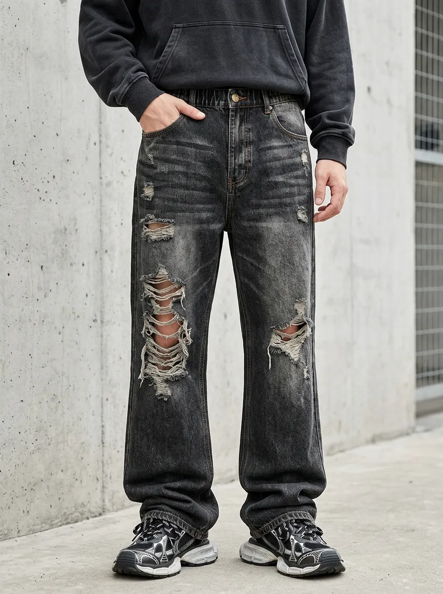 Men's Denim Zip Fly Ripped Jeans