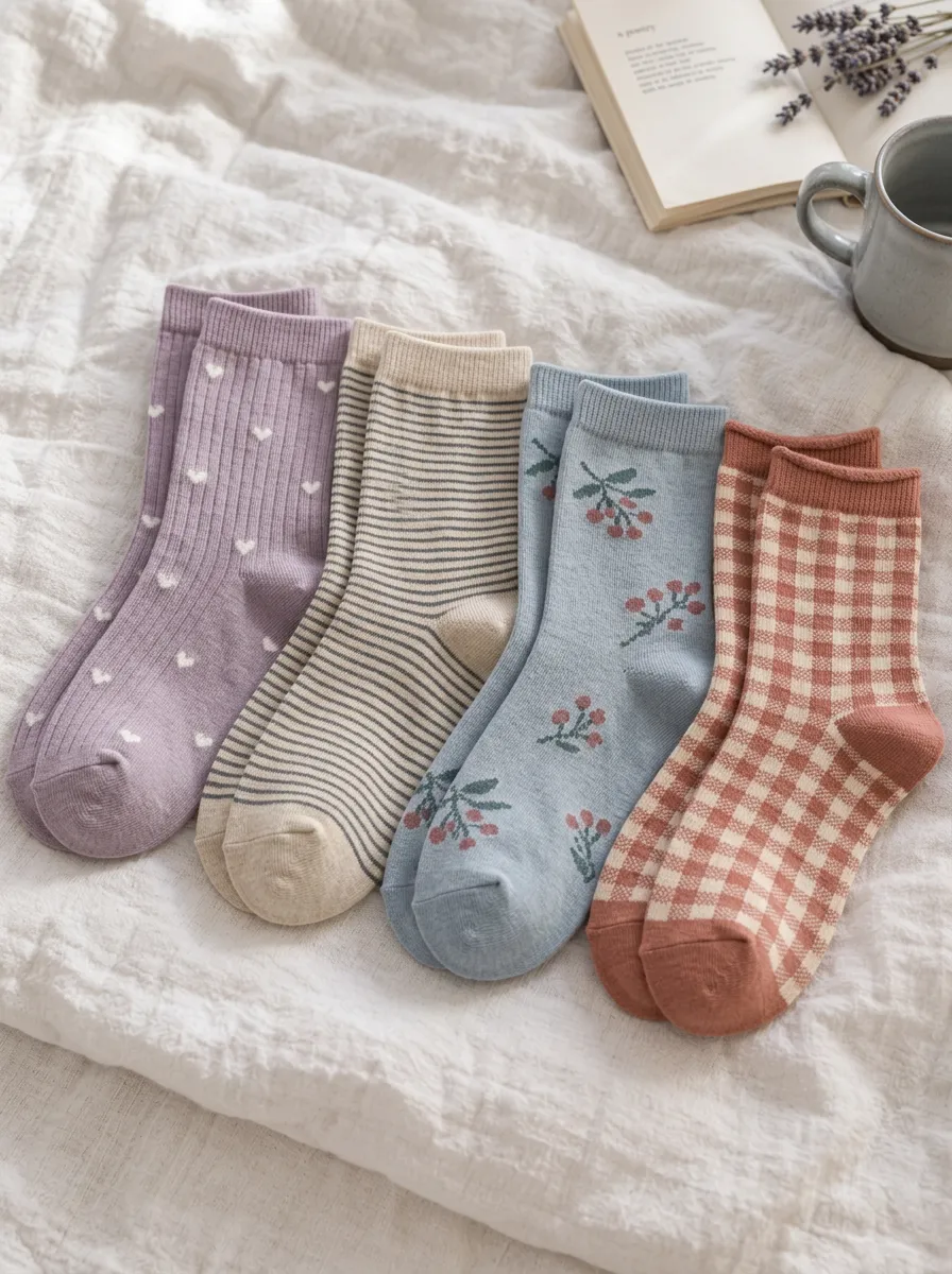 Women's Aesthetic Floral Heart Plaid Striped Printed Socks Set