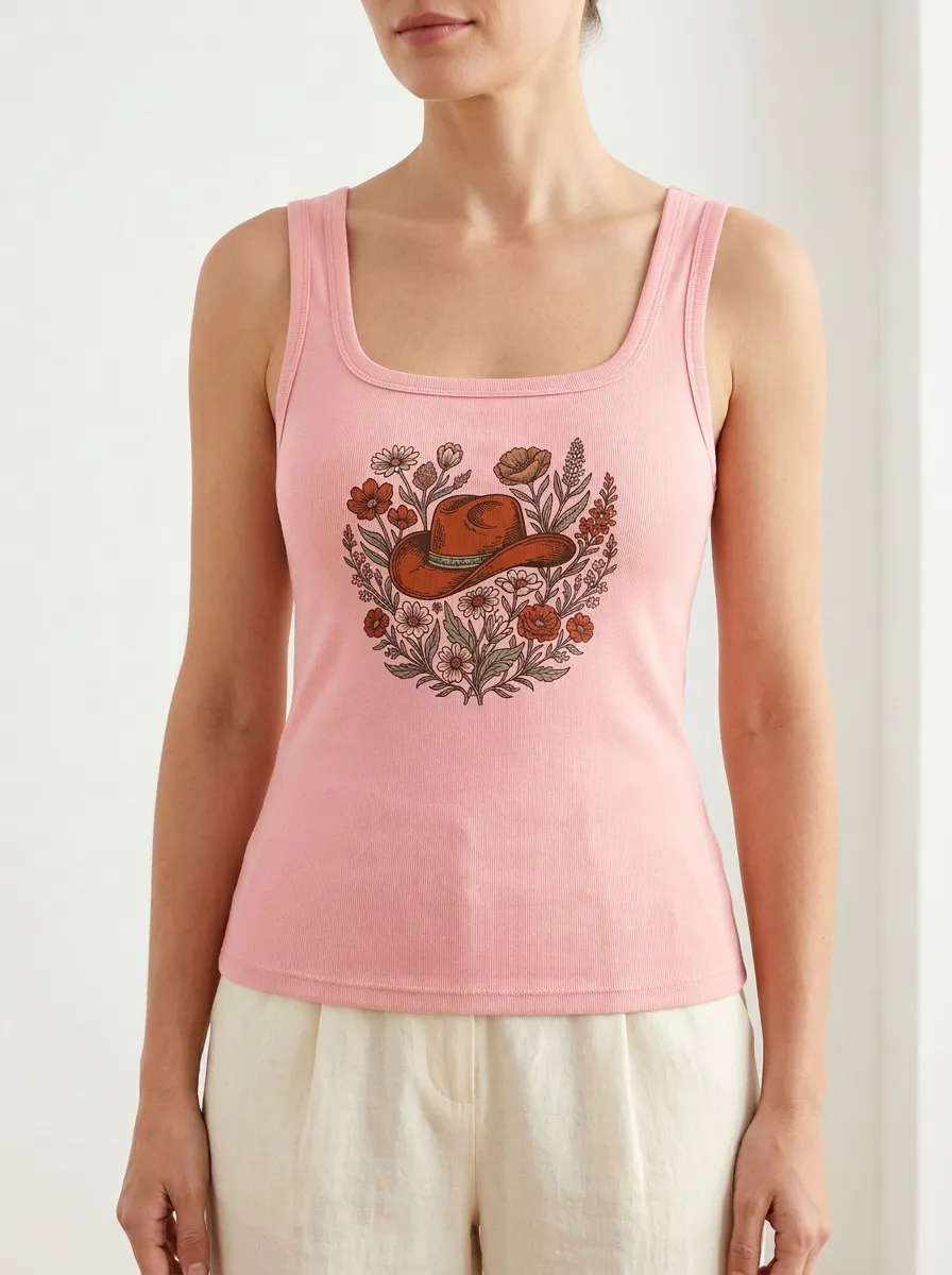 Cowgirl Floral Built-In Bra Tank Top