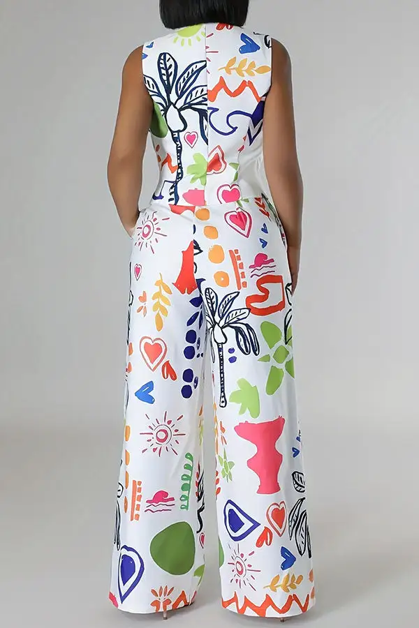 Graffiti Print Wide-Leg V-Neck Pant Set
