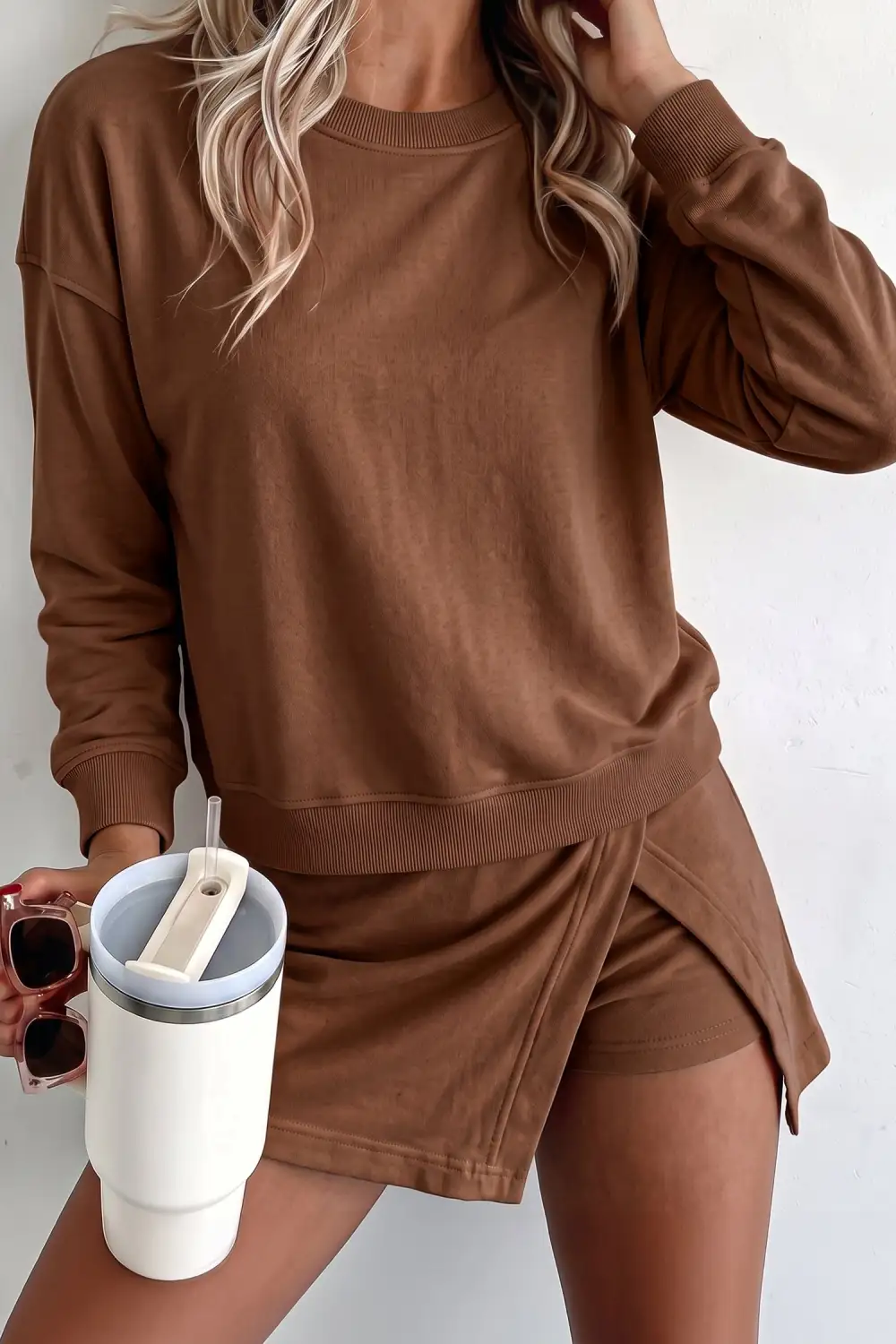 Women's Solid Color Long Sleeve Top Split Skort Two Piece Outfit