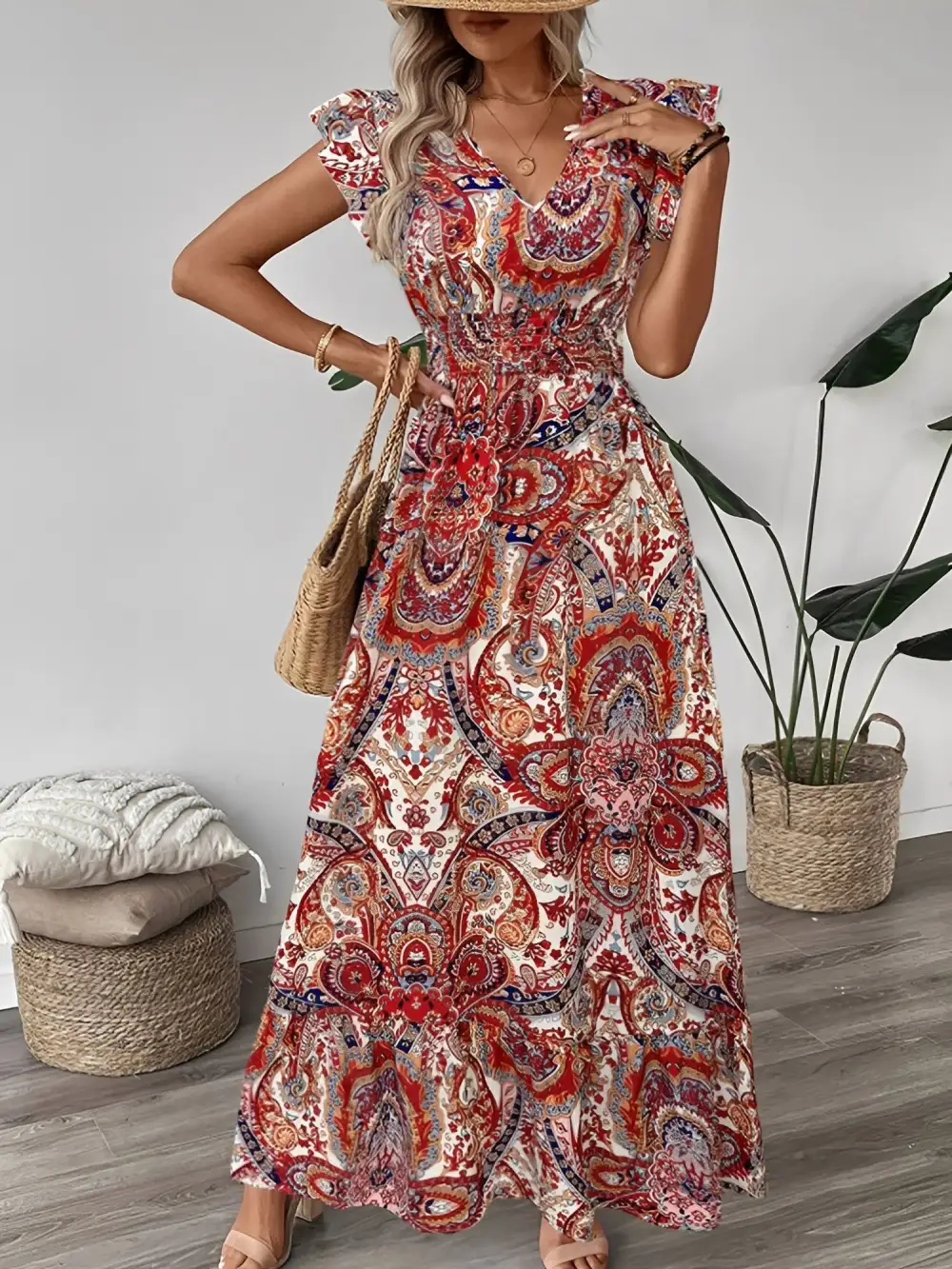 Boho Floral V-Neck Ruffle-Sleeve Smocked Maxi Dress
