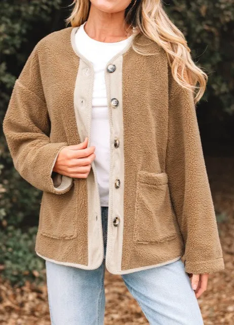 Fleece Corduroy Patchwork Button Up Jacket