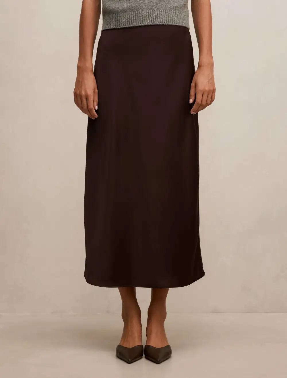 Brown Tailored Midi Pencil Skirt