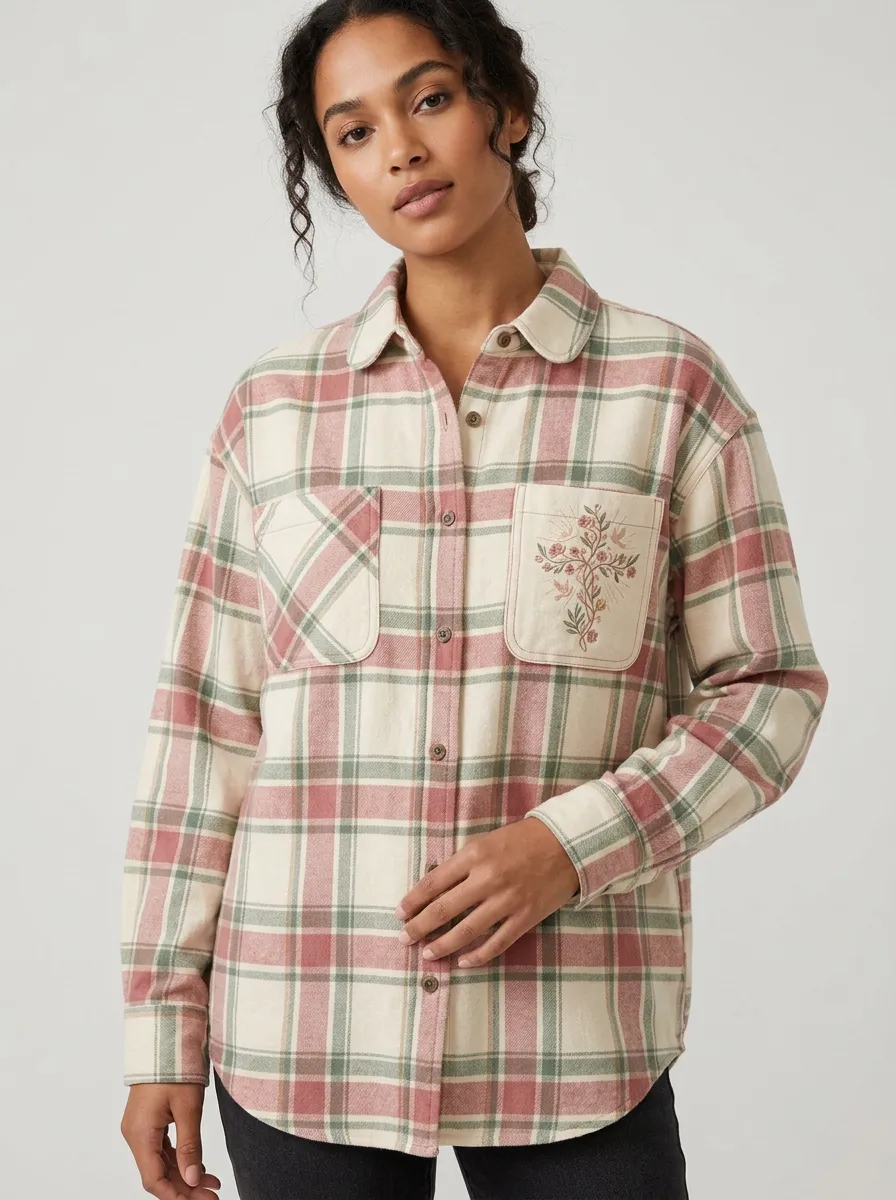 Women's Faith Lover Floral Cross Printed Plaid Shirt
