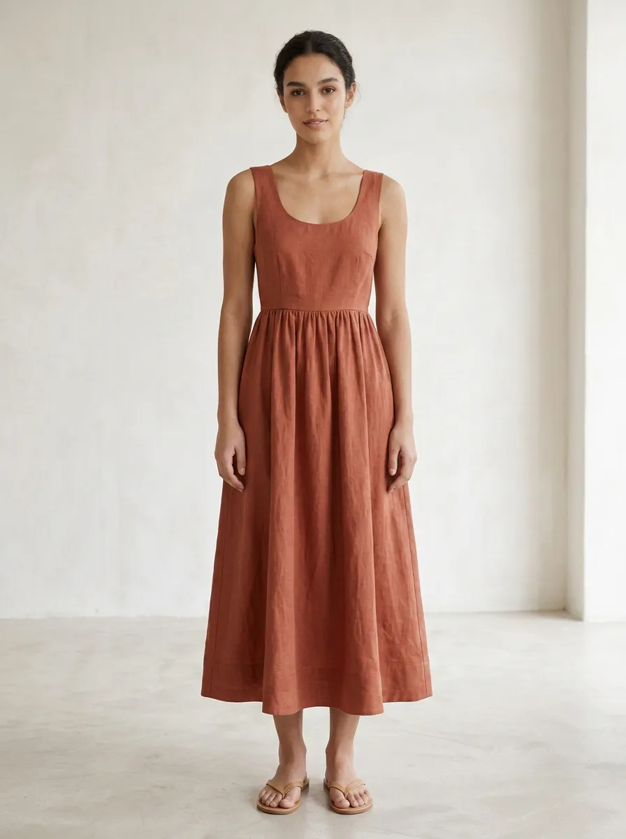 Women's Daytime Casual Linen Midi Backless Dress