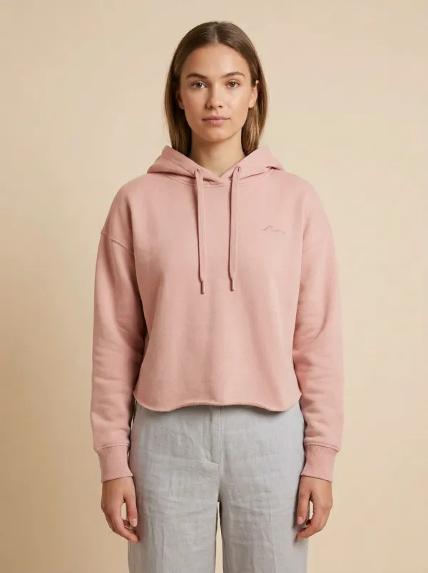 Women's Minimalist Ocean Wave Embroidered Sage Green Cropped Hoodie