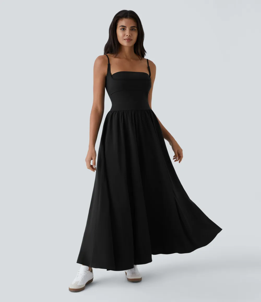 Breezeful Backless Side Pocket Plicated Flowy Flare Maxi Quick Dry Casual Slip Dress