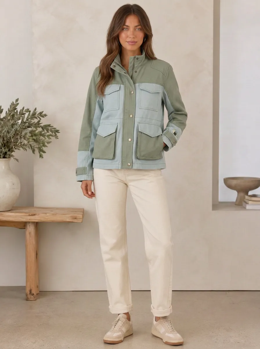 Women's Casual Outdoor Sage Green Colorblock Utility Jacket