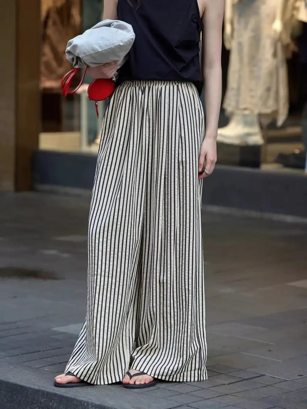 Wide Leg Drawstring Striped Pocketed Pants