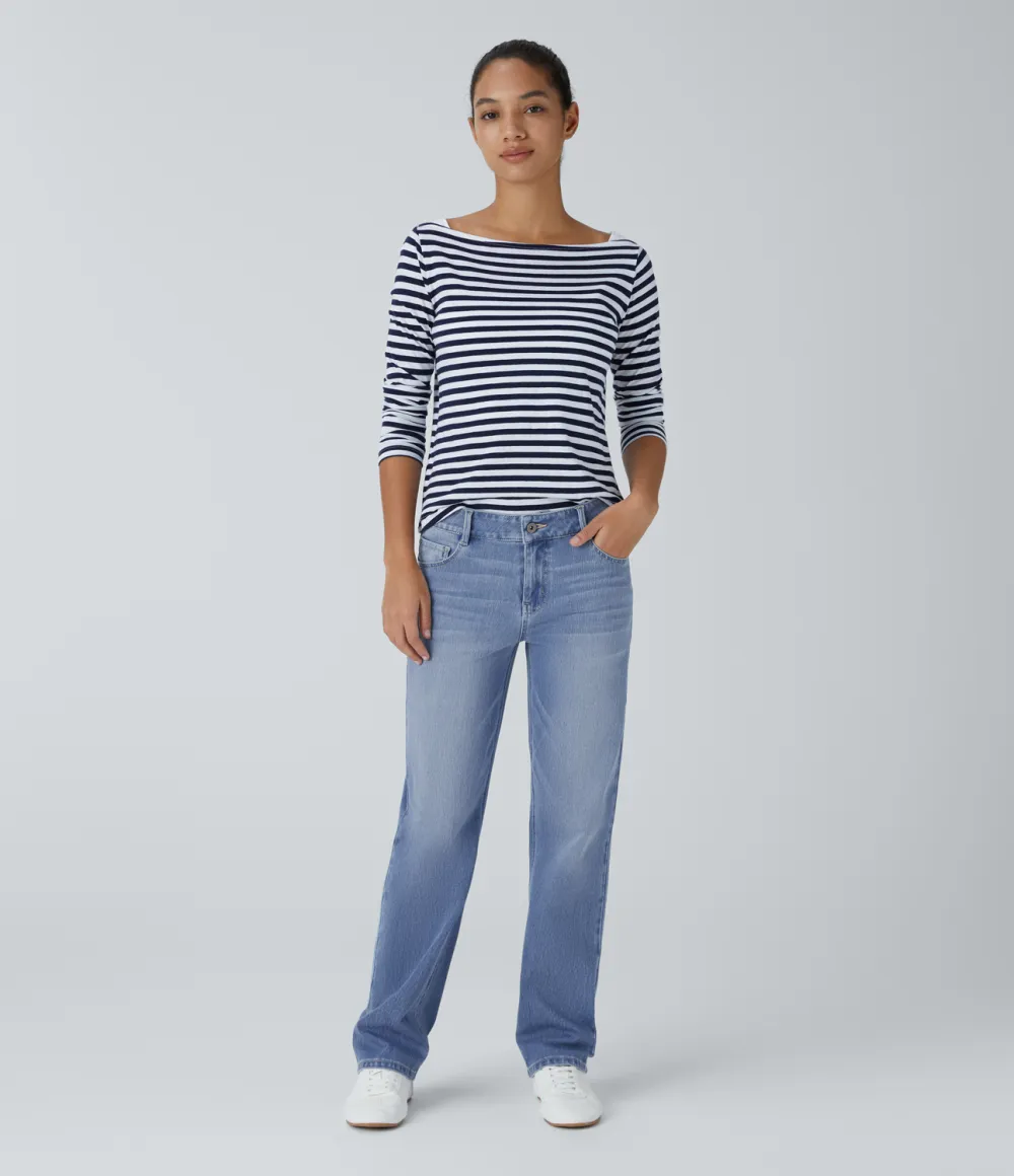 Magic Low Rise Button Zipper Multiple Pockets Straight Leg Washed Stretchy Knit Casual Jeans