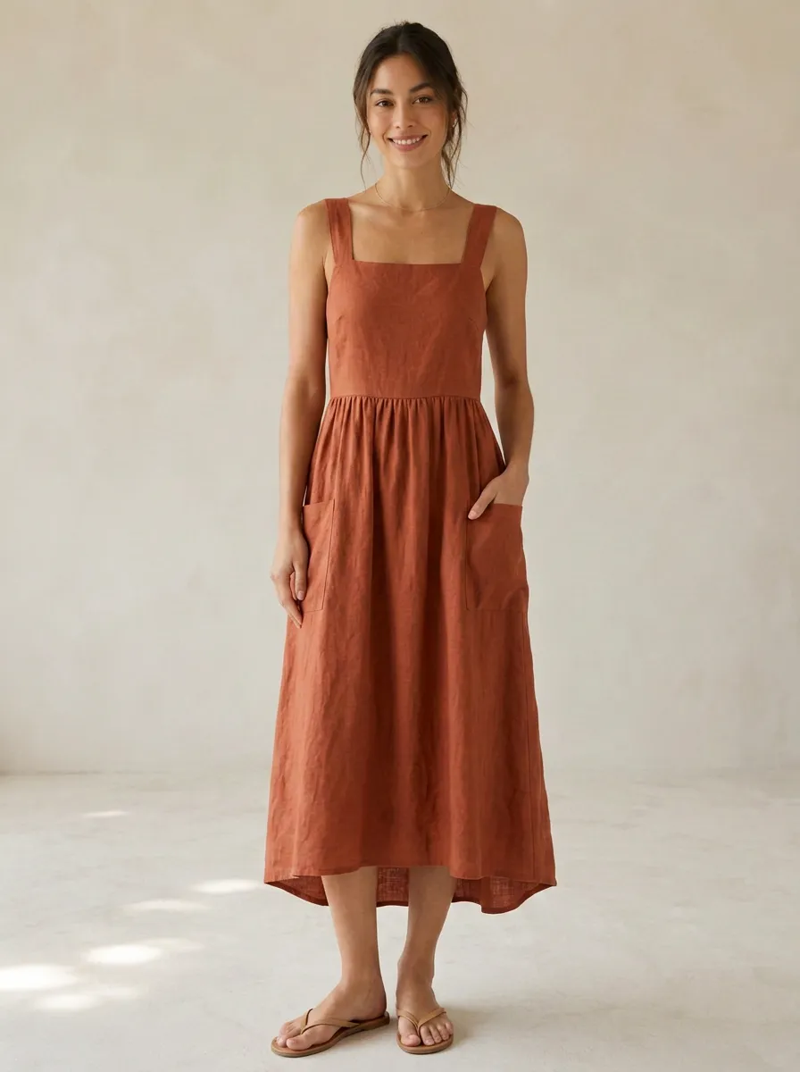 Women's Free-Flowing Casual Lace-Up Linen Midi Backless Dress