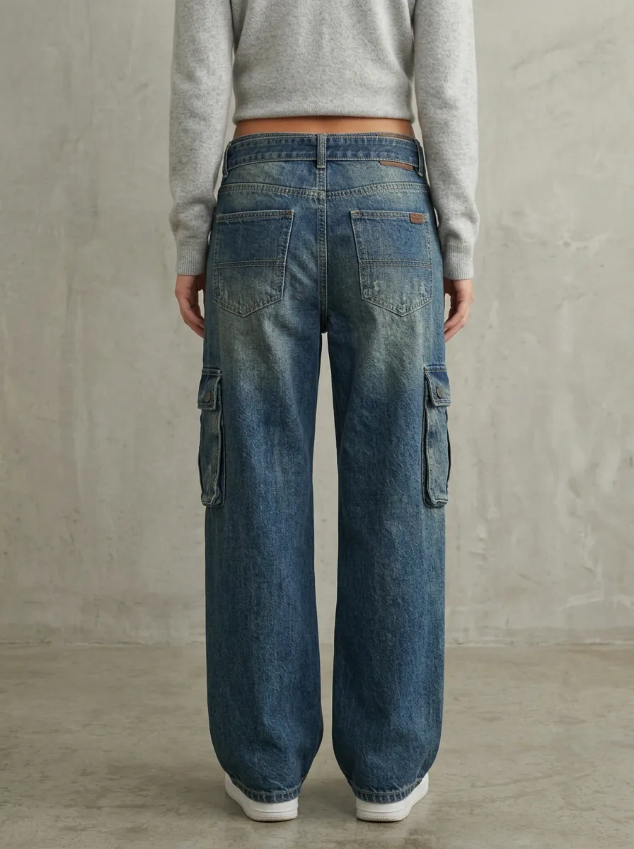 Women's Vintage Washed Belted Cargo Denim Pants