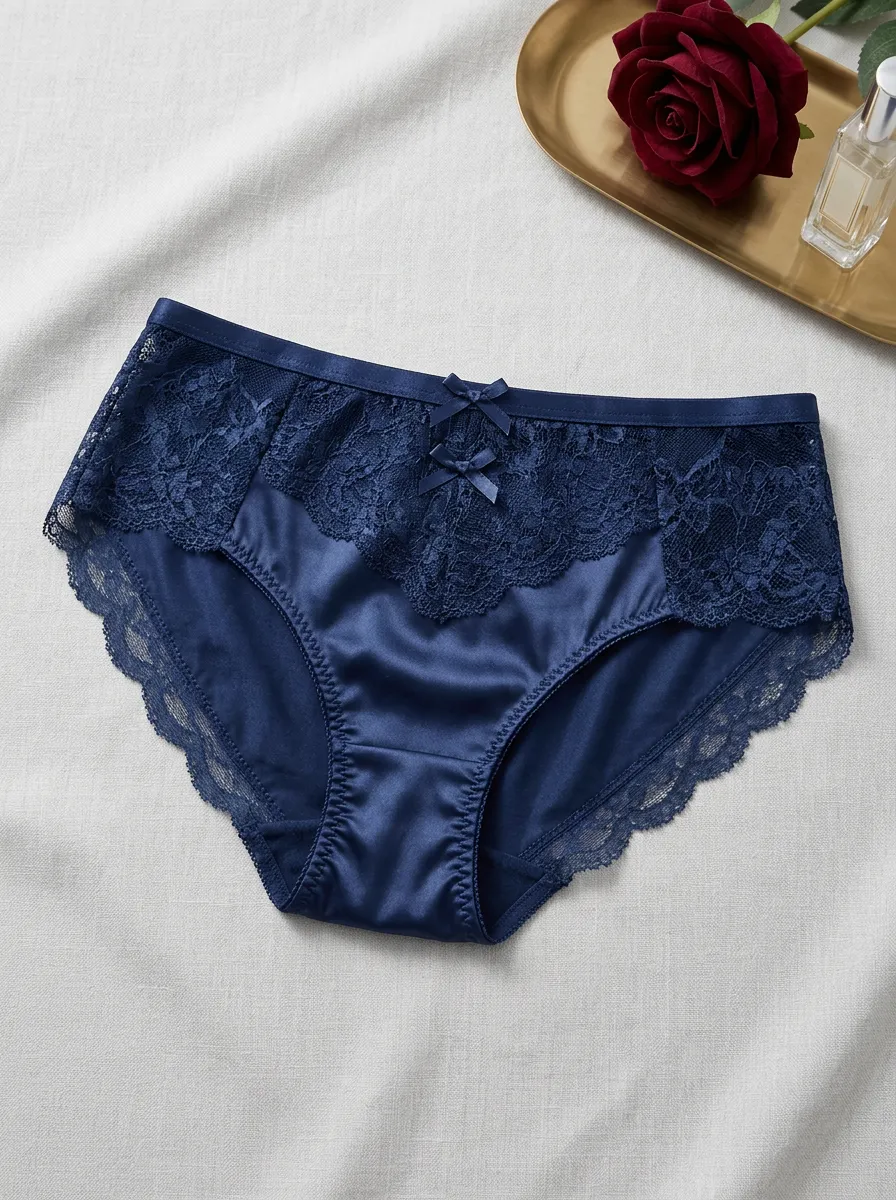 Women's Navy Blue Satin Lace Bow Trimmed Panties