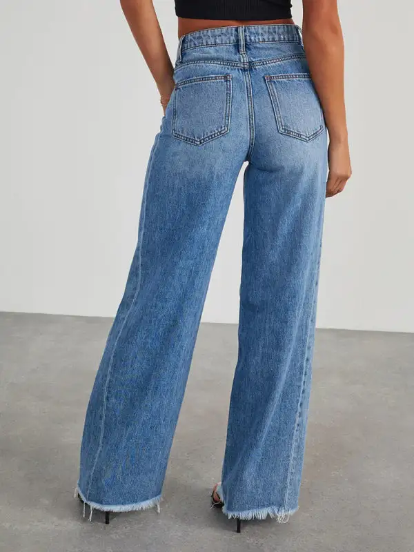 Wide-Leg Frayed Paneled Pocketed Straight Leg Jeans