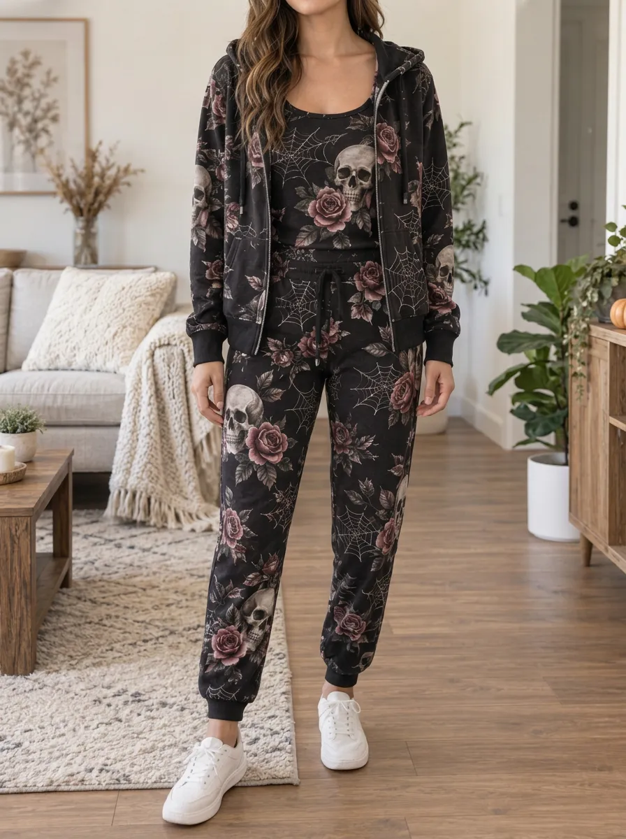 Women's Halloween Gothic Skull Rose Spiderweb Gothic Graphic Jogger Set