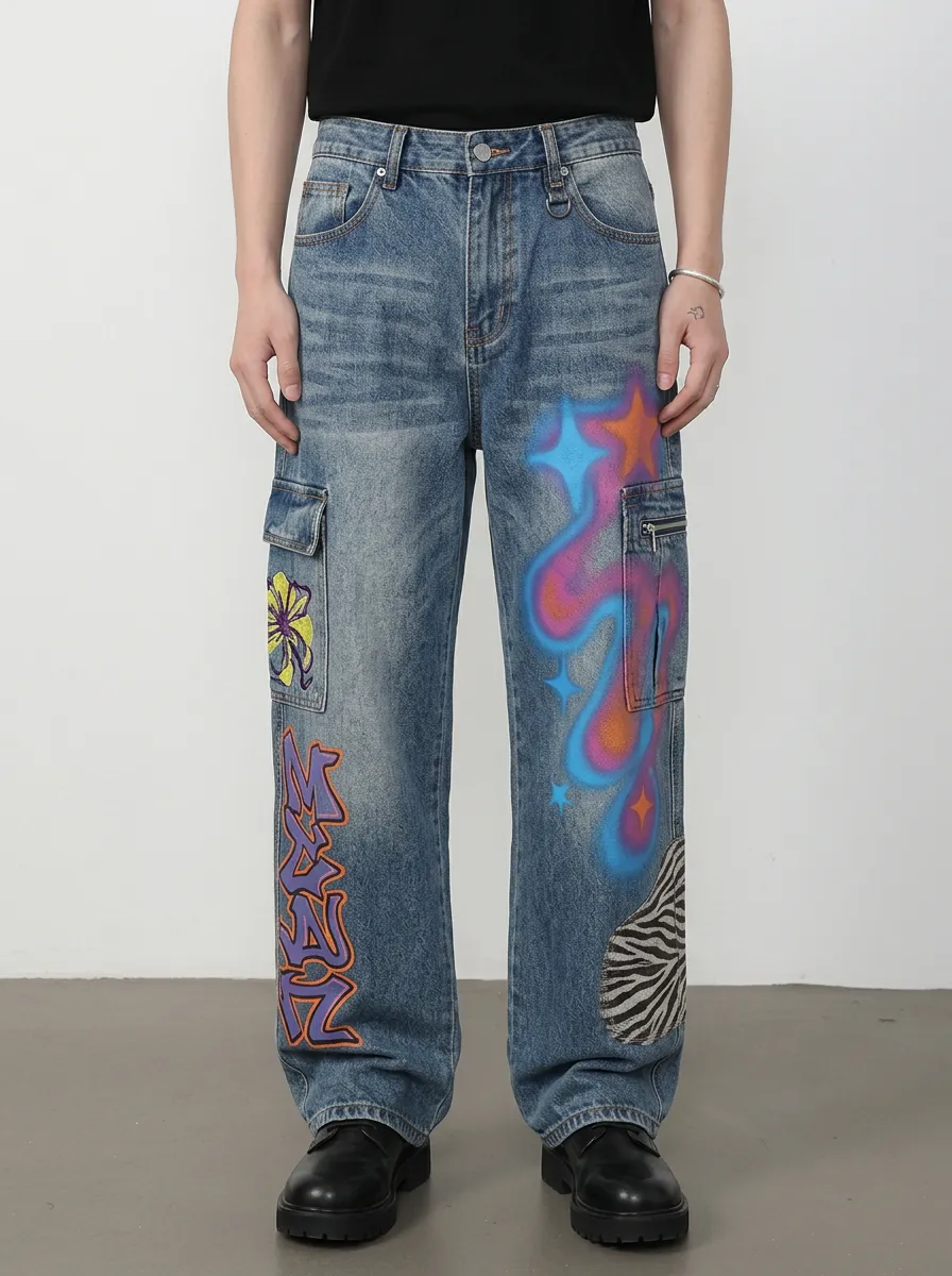 Men's Streetwear Graffiti Star Zebra Contemporary Graphic Cargo Jeans