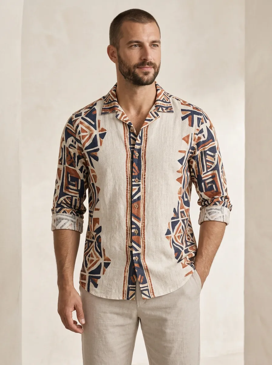 Men's Linen Geometric Tribal Printed Shirt