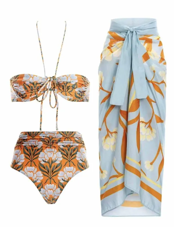 String Tie Floral Print Two Piece Bikini Set with Sarong