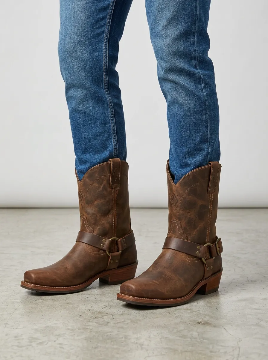 Men's Ranch Western Brown Leather Harness Printed Boots