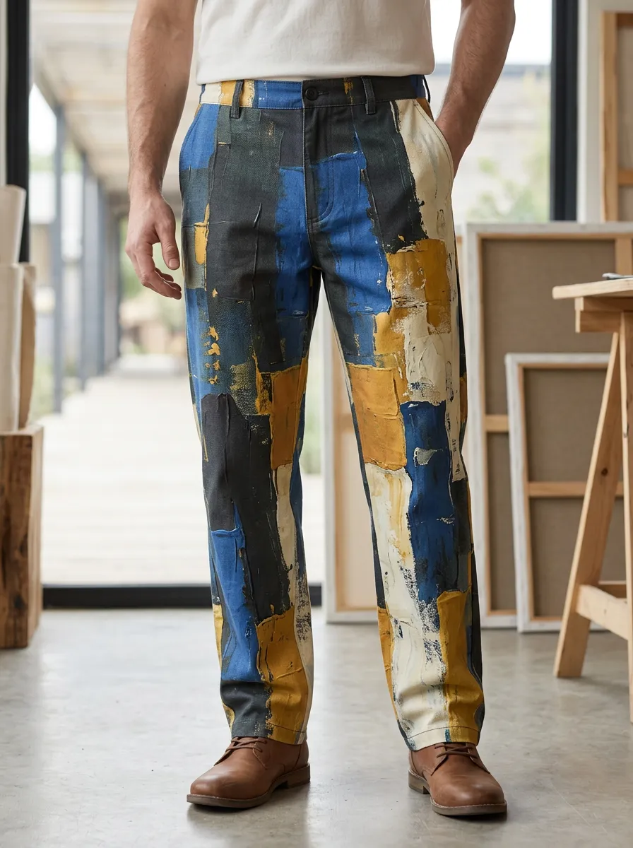 Men's Abstract Art Style Blue Yellow Patchwork Printed Pants