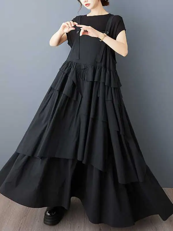 Loose Pleated Buttoned Neck Maxi Dress