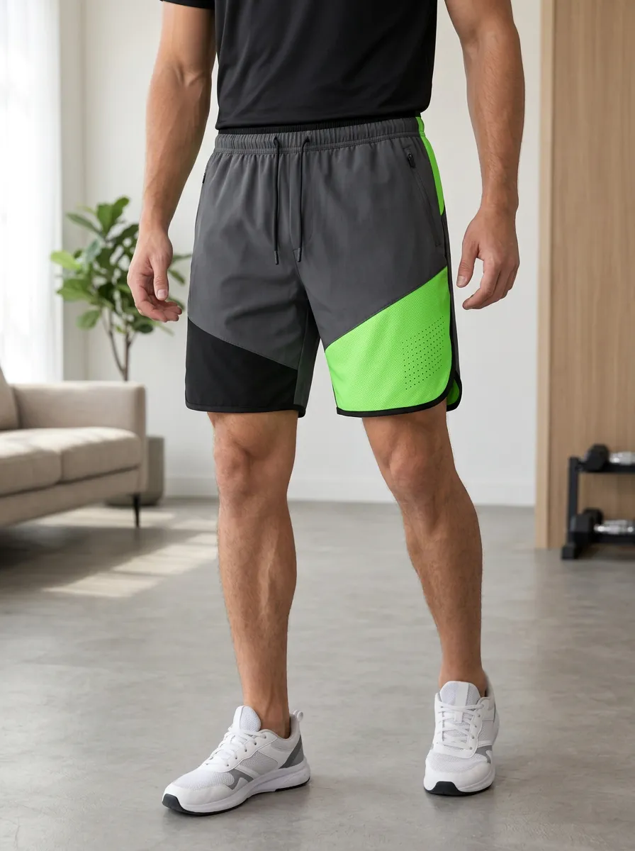 Men's and Neon Color-Block Athletic Shorts Curved Hem