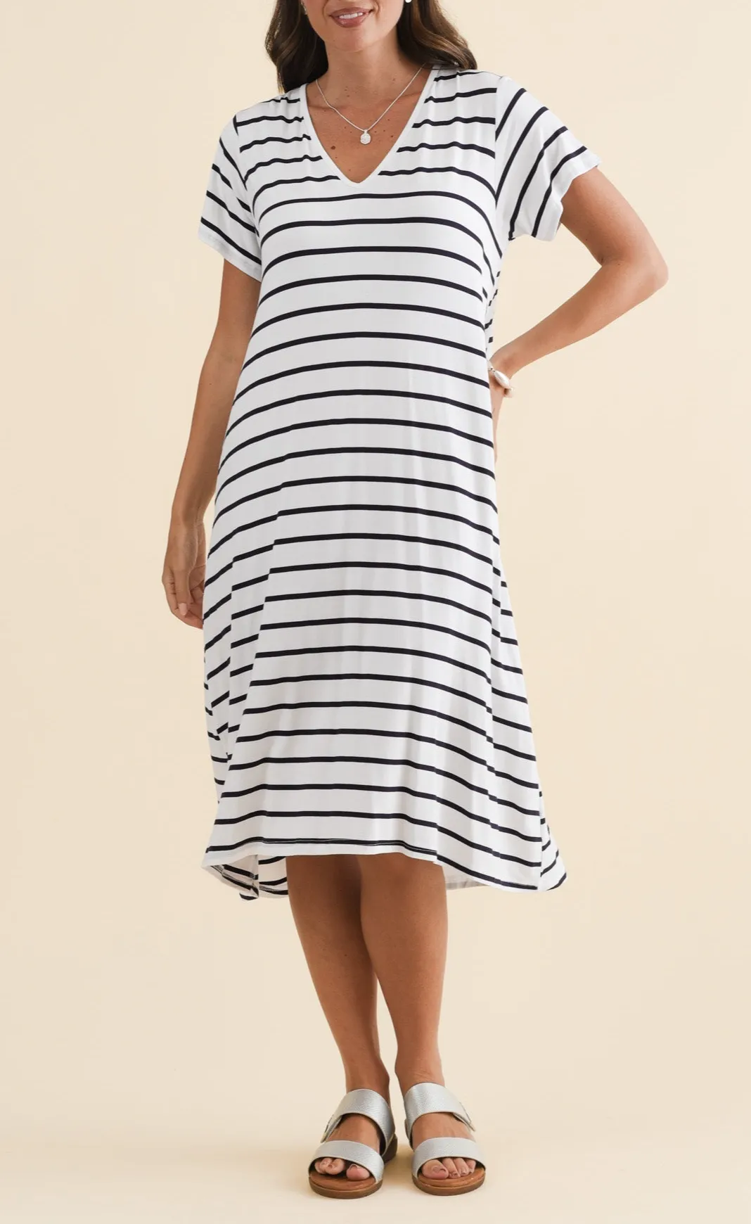 Below-Knee Striped Bamboo Pocket V-Neck Short-Sleeve A-Line T-Shirt Dress