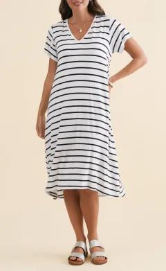 Below-Knee Striped Bamboo Pocket V-Neck Short-Sleeve A-Line T-Shirt Dress