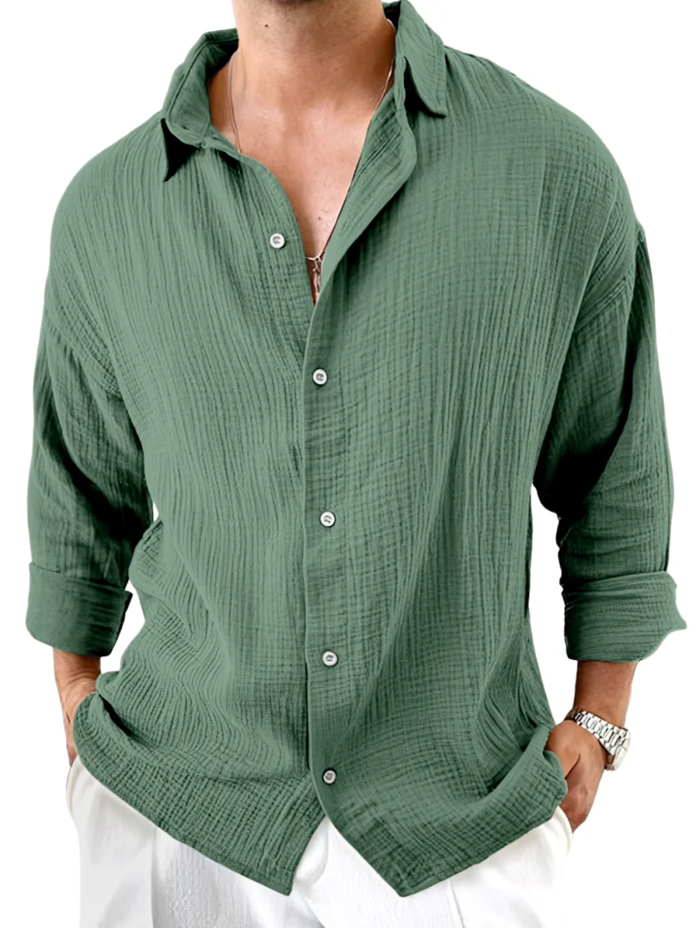 Roomy Long Sleeve Camp Collar Pleated Front Shirt