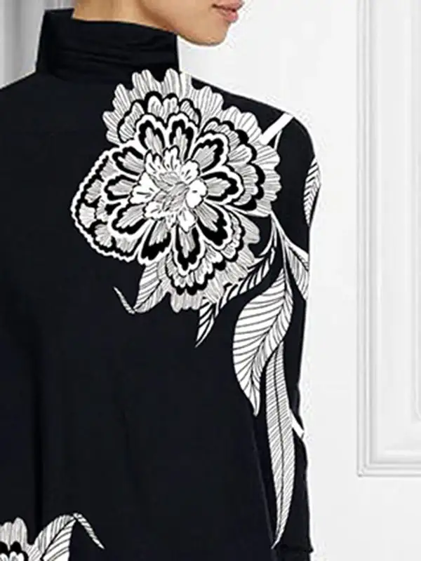 Batwing Sleeve Relaxed Asymmetric Floral Print Panel Detail High Neck T-Shirt