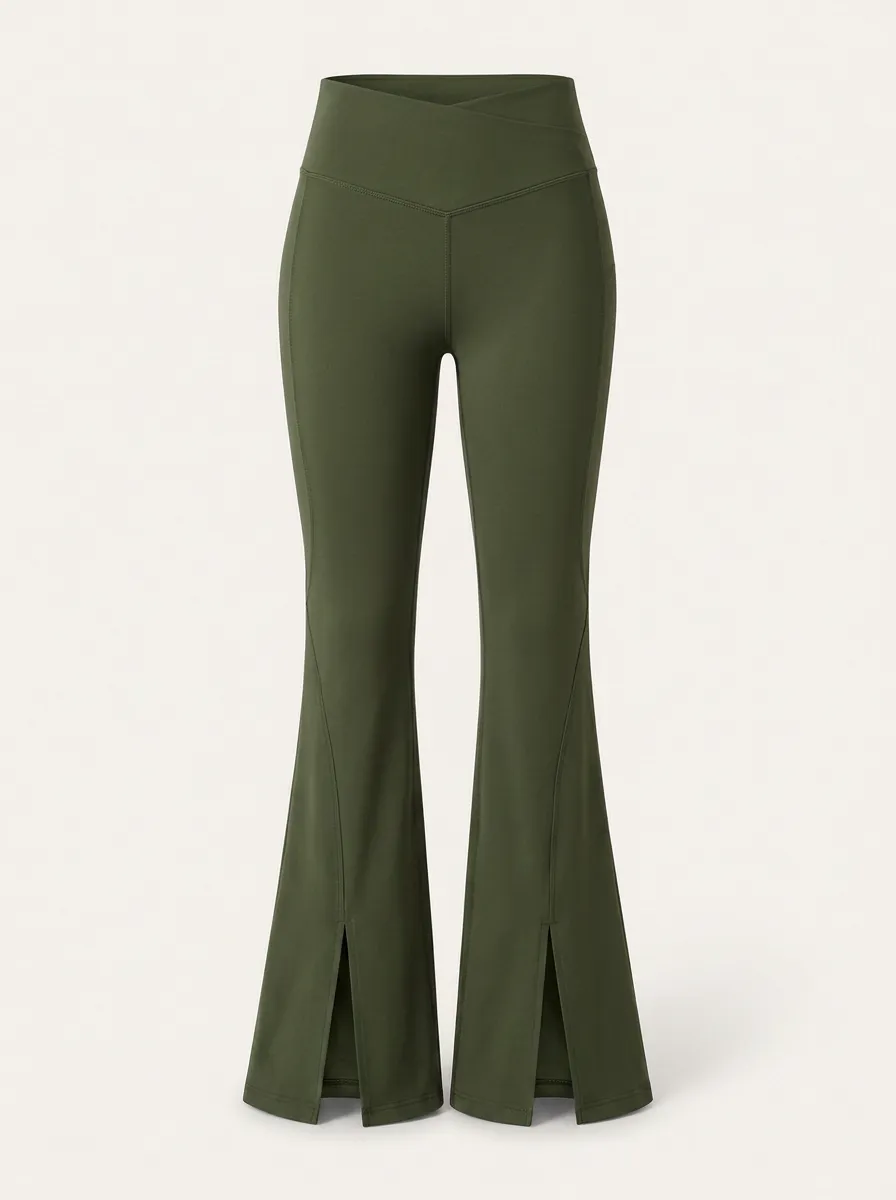 Women's Yoga Fitness Olive Green V-Waist Split Hem Leggings
