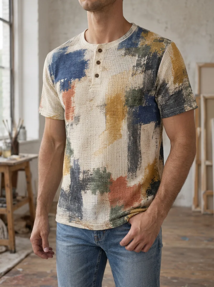 Men's Artful Abstract Paint Stroke Waffle Knit Henley T-Shirt