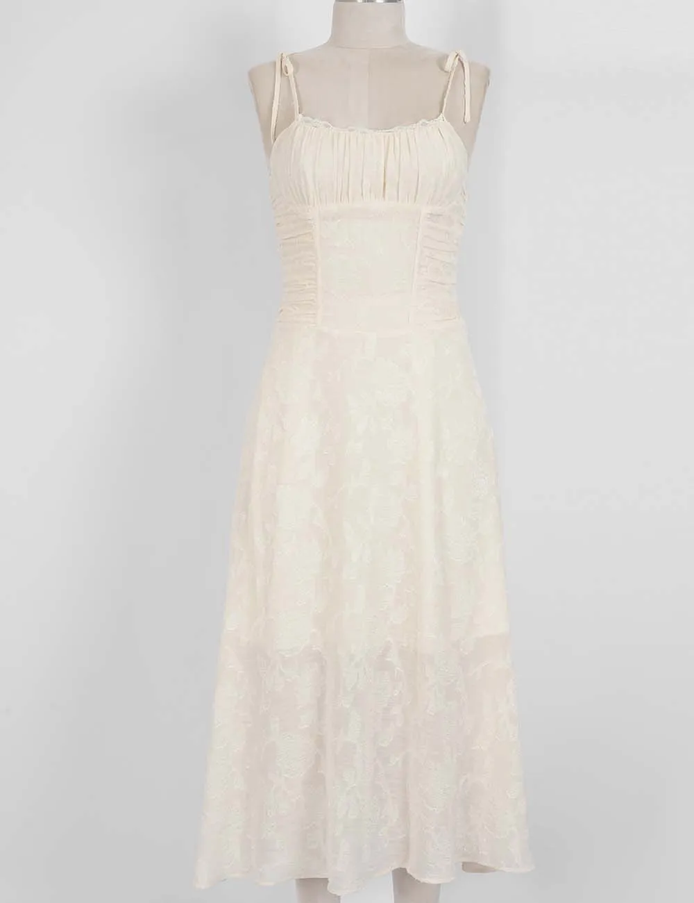 Romantic Jacquard Ruched Strap Cami Midi Dress