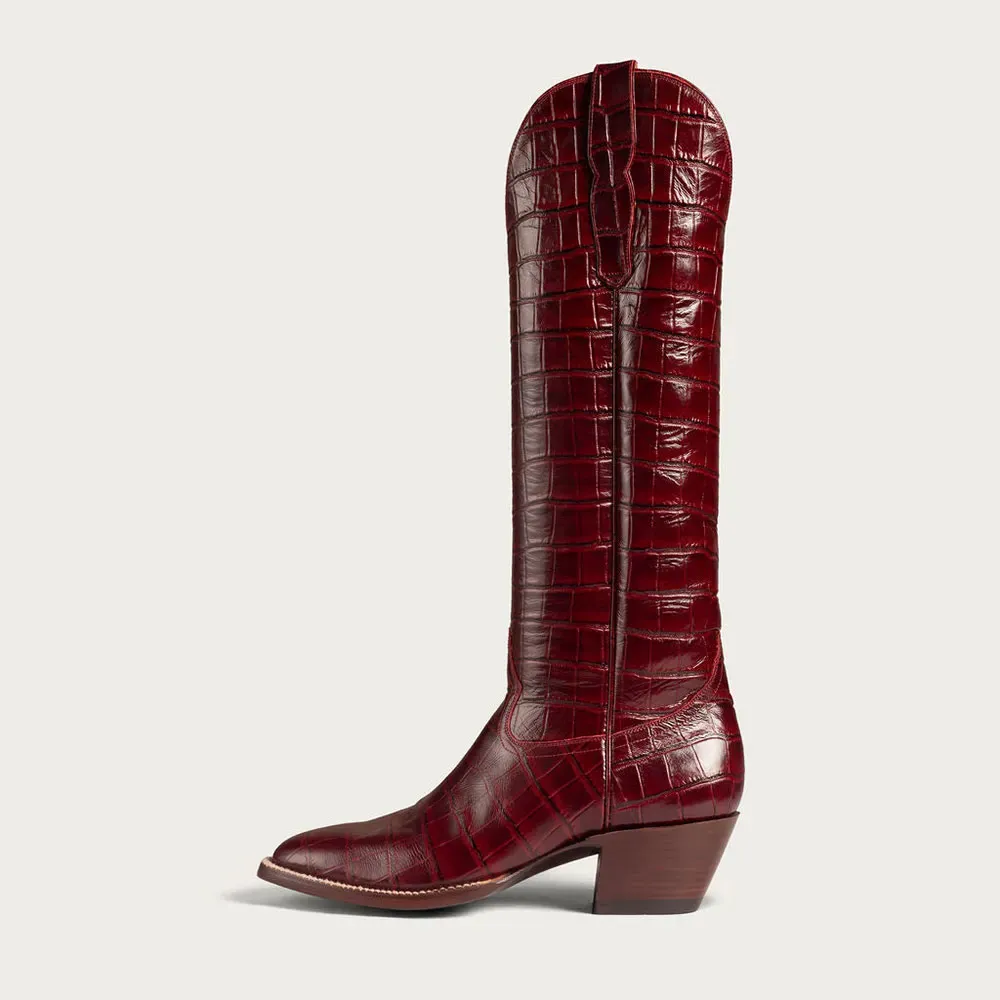 Faux-Leather Crocodile-Embossed Round-Toe Chunky-Heel Knee-High Boots