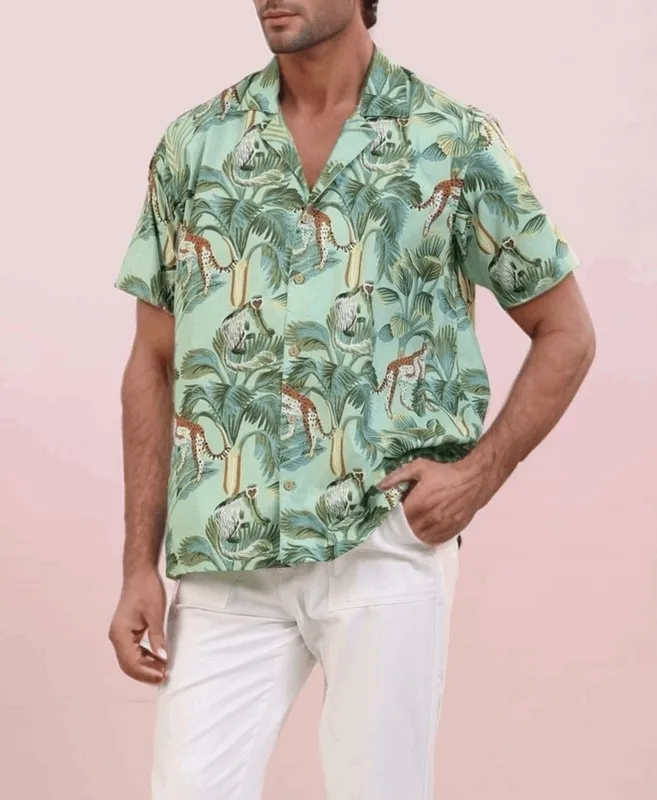 Green Monkey Print Mulmul Cotton Camp Collar Shirt