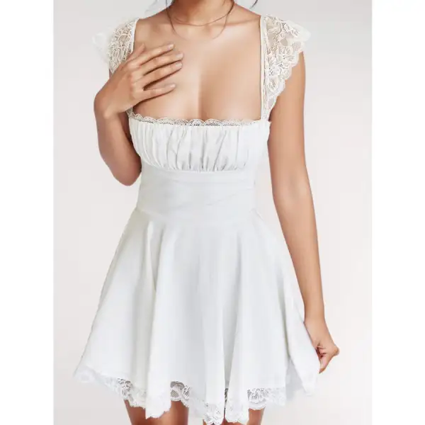 Lace Detail Square Neck Cap Sleeve Mini Dress
