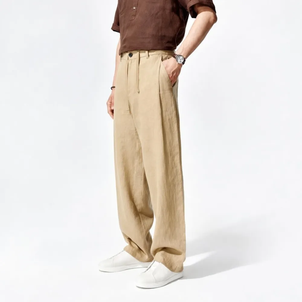 Men's Heavyweight Pure Linen Straight-Leg Casual Trousers – 